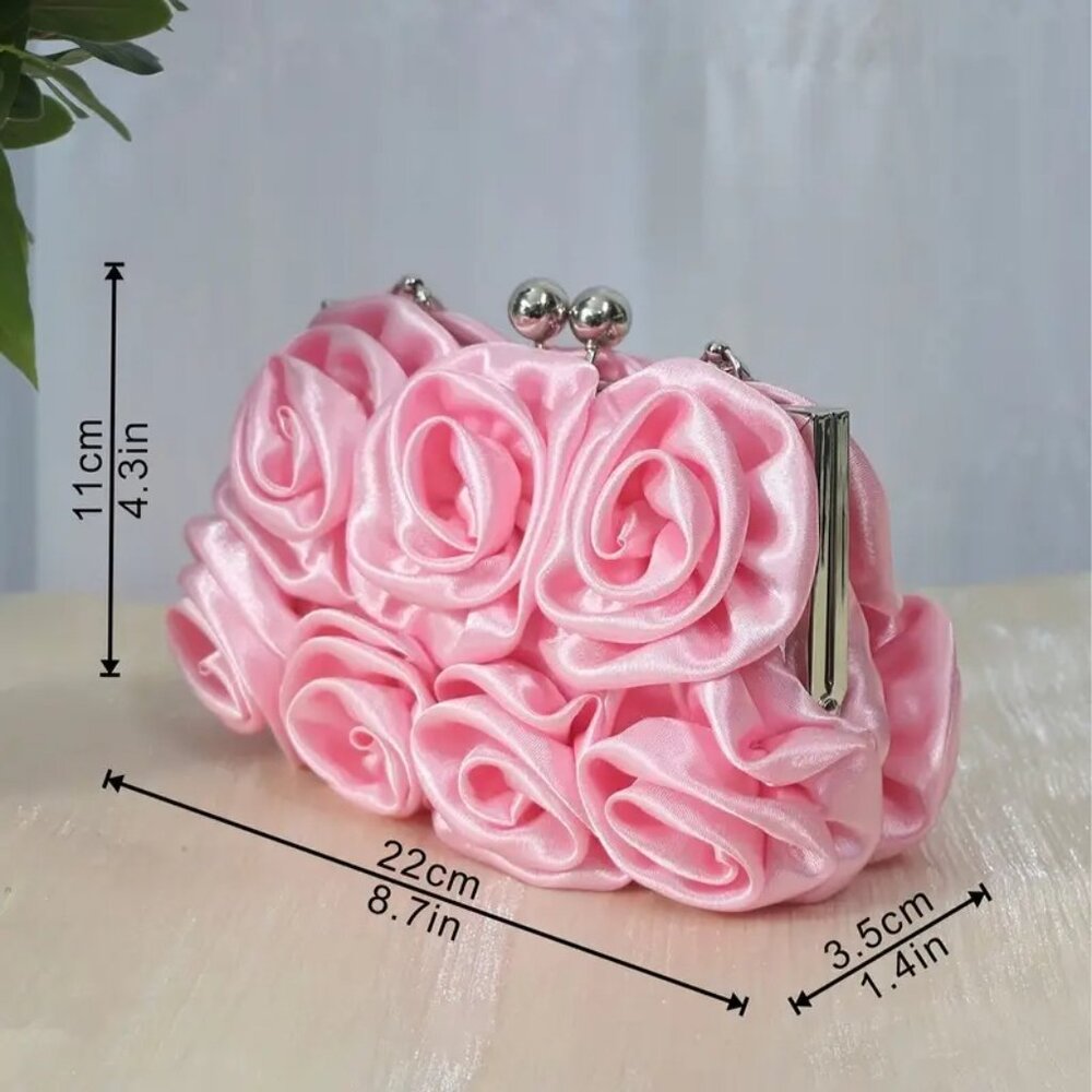 Elegant Pink Satin Roses Party Purse Handbag w/Rhinestone Handle & Chain - Picture 9 of 11